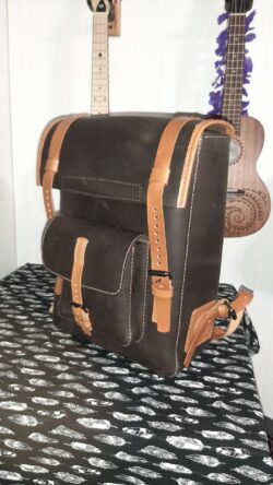 A rugged everyday backpack made from hardy utility vegetable tanned leather with Portofino leather straps and accents