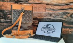 A handmade “Subway” style bag featuring a textured vegetable tanned calf body, Portofino leather accents, and hand stitching with Ritza Tiger Thread.